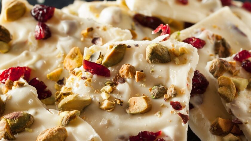 Cranberry and Pistachio White Chocolate Bark