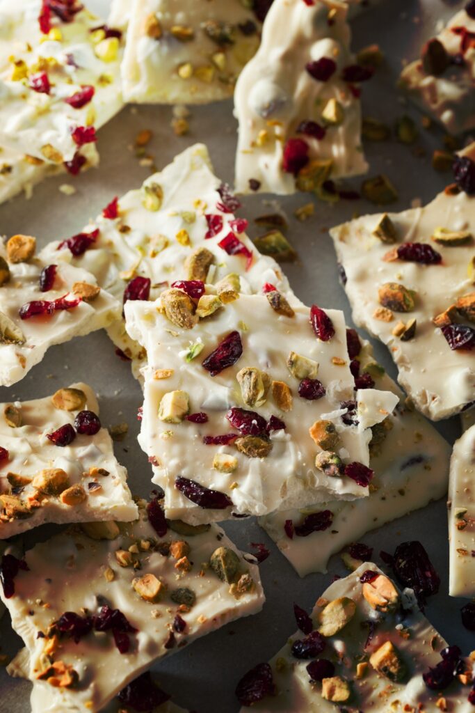 Cranberry and Pistachio White Chocolate Bark