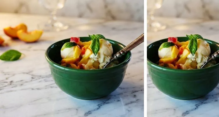 Pioneer Woman Vanilla Ice Cream With Basil-Peach Topping