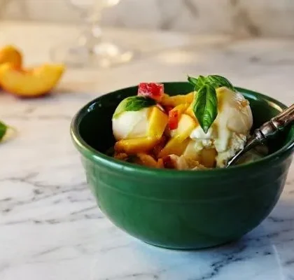 Pioneer Woman Vanilla Ice Cream With Basil-Peach Topping
